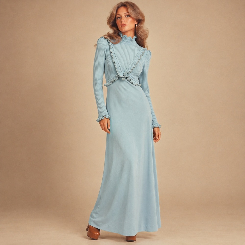 Editions Maxi Dress Women Small Blue Vintage 70s Ruffle Knit Funky Groovy Boho